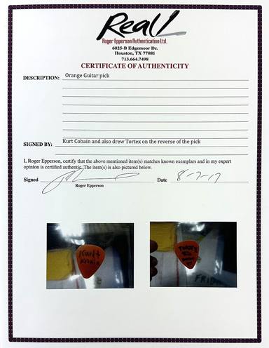 Certificado de la púa de Kurt Cobain